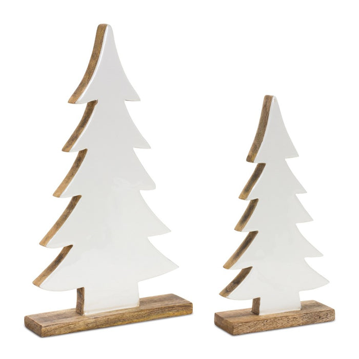 Melrose Pine Tree on Natural Wood Base, Set of 2, White/Beige - 90223DS