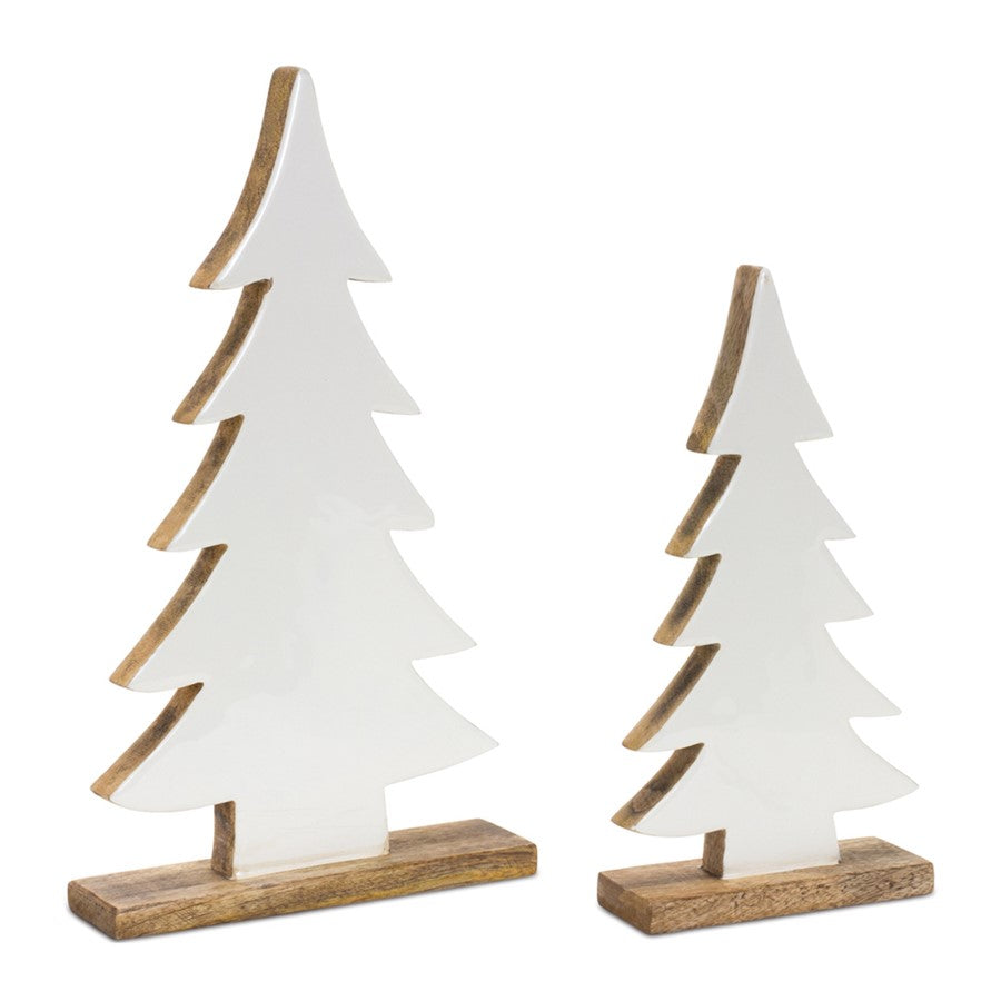 Melrose Pine Tree on Natural Wood Base, Set of 2, White/Beige - 90223DS