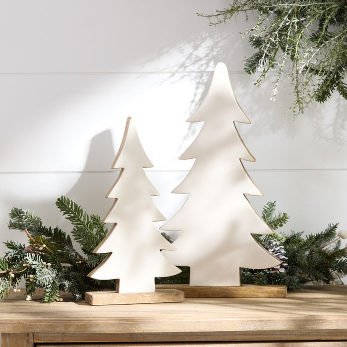 Melrose Pine Tree on Natural Wood Base, Set of 2, White/Beige