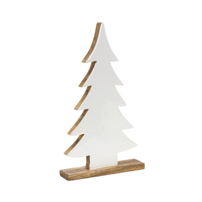 Melrose Pine Tree on Natural Wood Base, Set of 2, White/Beige