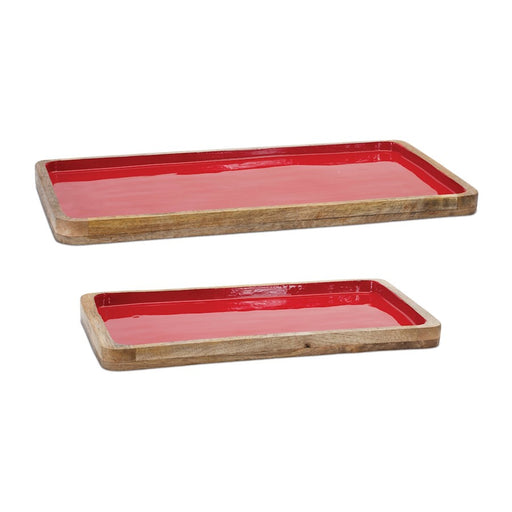 Melrose International Wooden Tray, Set of 2, Red/Brown - 90224DS
