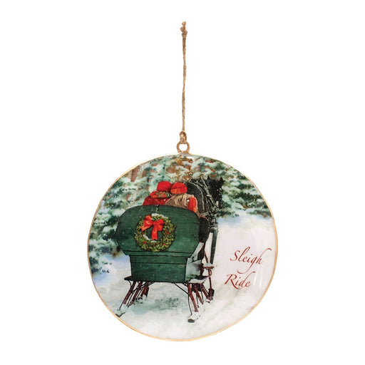 Melrose Couple Sleigh Ride Disc Ornament, Set of 6, Green/Red/White