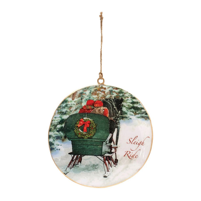 Melrose Couple Sleigh Ride Disc Ornament, Set of 6, Green/Red/White