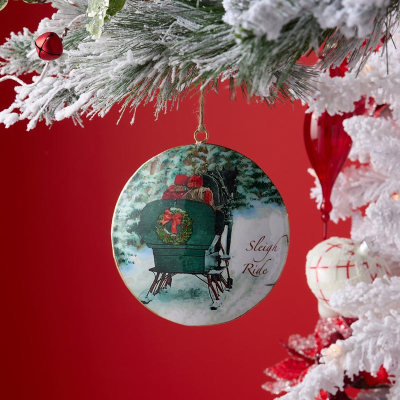 Melrose Couple Sleigh Ride Disc Ornament, Set of 6, Green/Red/White