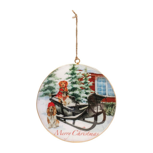 Melrose Metal Dogs, Sleigh Disc Ornament, Set of 6, Red/Green/White