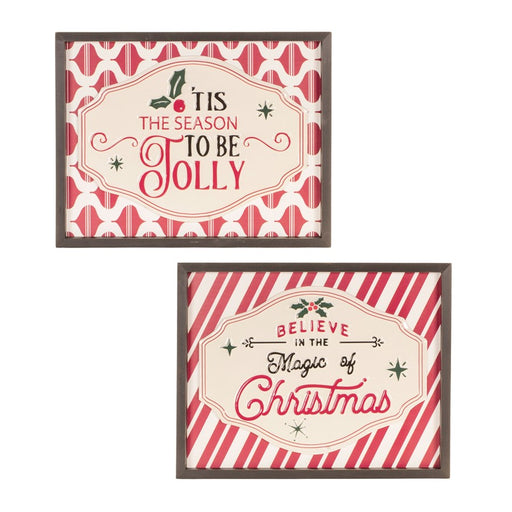 Melrose Framed Metal Jolly Christmas Sign, Set of 2, Red/Beige - 90303DS