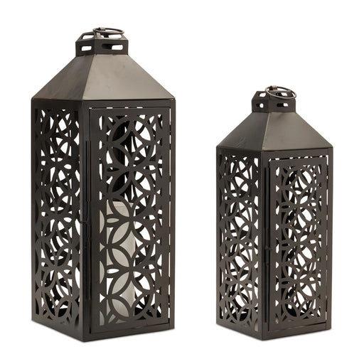 Melrose International Ornate Geometric Metal Lantern, Set of 2, Black - 90328DS