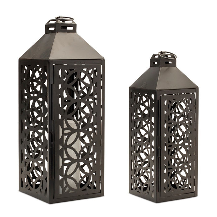 Melrose International Ornate Geometric Metal Lantern, Set of 2, Black - 90328DS