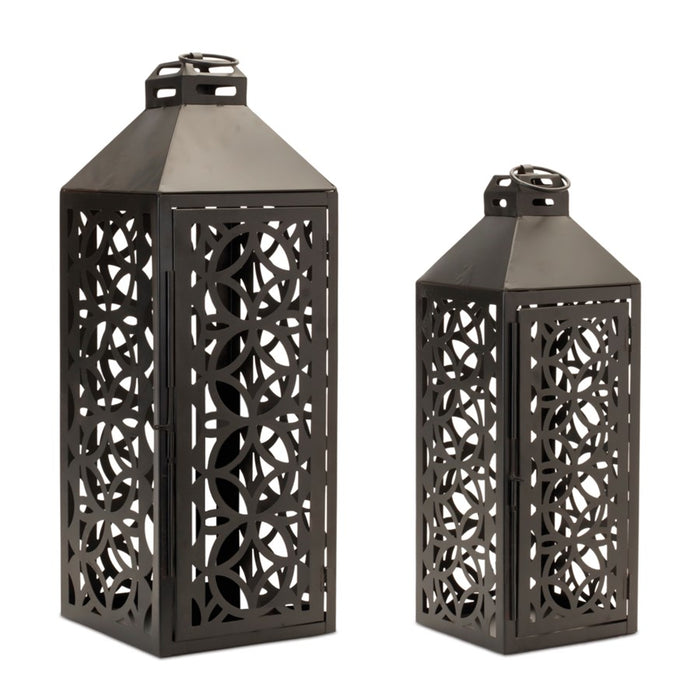 Melrose International Ornate Geometric Metal Lantern, Set of 2, Black