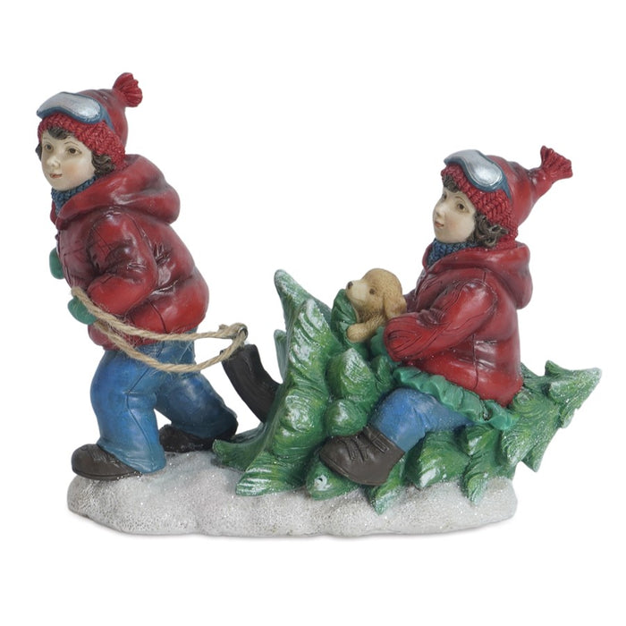 Melrose Holiday Children/Tree/Dog Figurine, Set of 2, White/Blue/Red - 90345DS