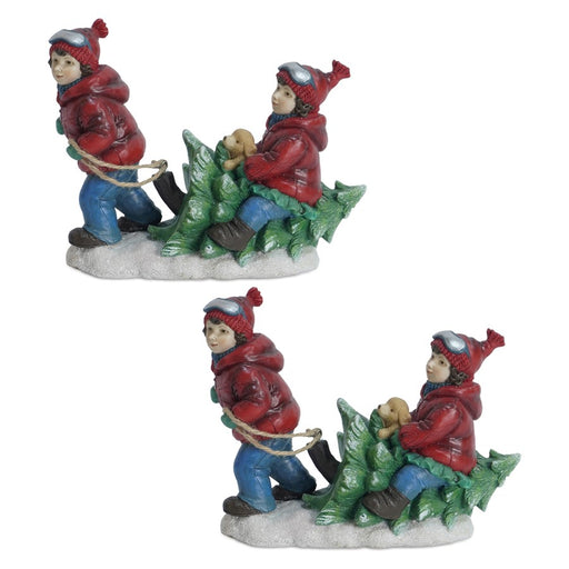 Melrose Holiday Children/Tree/Dog Figurine, Set of 2, White/Blue/Red