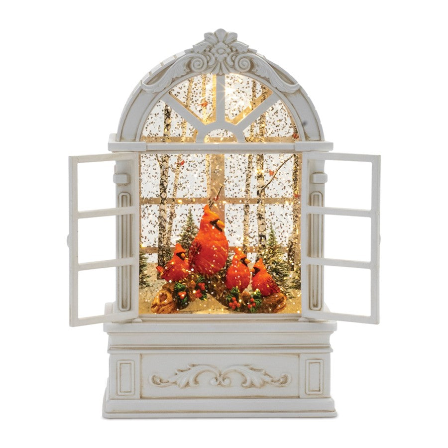 Melrose LED Snow Globe Window/Cardinal Family 9"H, White/Red - 90356DS