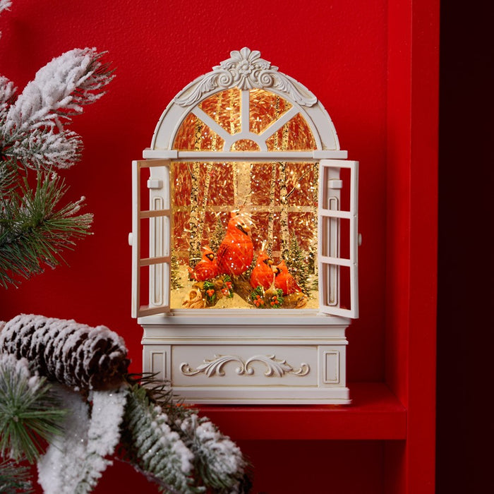 Melrose LED Snow Globe Window/Cardinal Family 9"H, White/Red