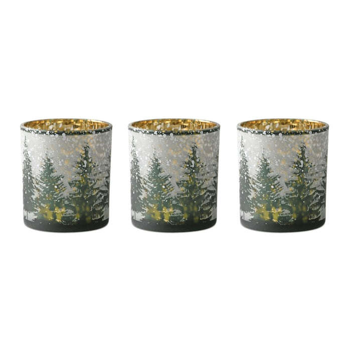 Melrose Frosted Pine Mercury Glass Candle Holder, Set of 3, Green/Grey - 90383DS