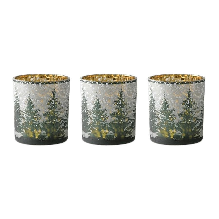 Melrose Frosted Pine Mercury Glass Candle Holder, Set of 3, Green/Grey - 90383DS