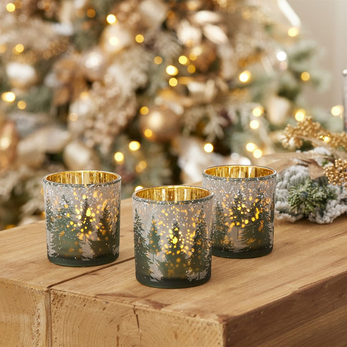 Melrose Frosted Pine Mercury Glass Candle Holder, Set of 3, Green/Grey