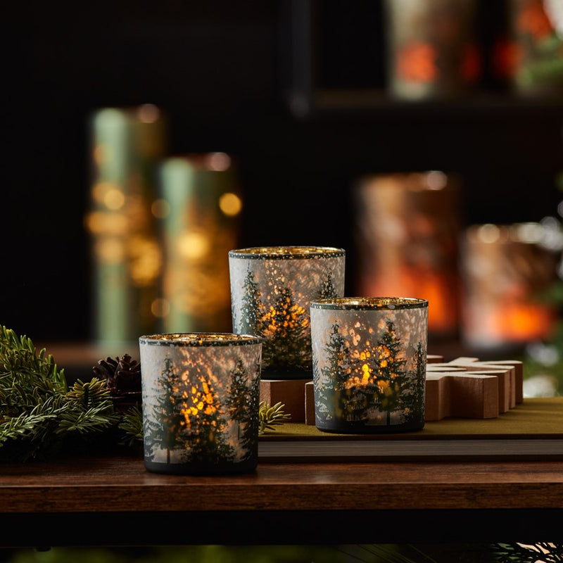 Melrose Frosted Pine Mercury Glass Candle Holder, Set of 3, Green/Grey