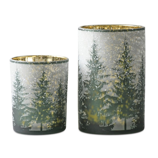 Melrose Frosted Pine Mercury Glass Candle Holder, Set of 2, Green/Grey - 90384DS
