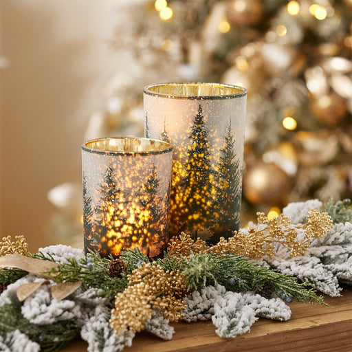 Melrose Frosted Pine Mercury Glass Candle Holder, Set of 2, Green/Grey