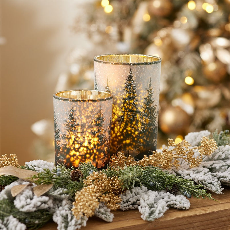 Melrose Frosted Pine Mercury Glass Candle Holder, Set of 2, Green/Grey