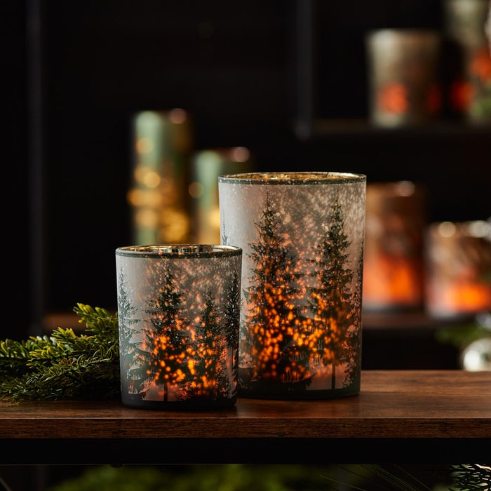 Melrose Frosted Pine Mercury Glass Candle Holder, Set of 2, Green/Grey