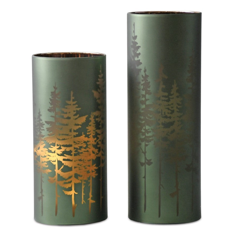 Melrose Frosted Pine Trees Glass Candle Holder, Set of 2, Green - 90389DS