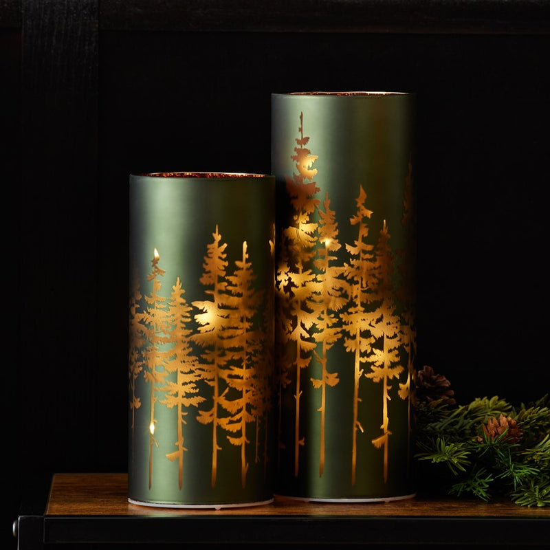 Melrose Frosted Pine Trees Glass Candle Holder, Set of 2, Green