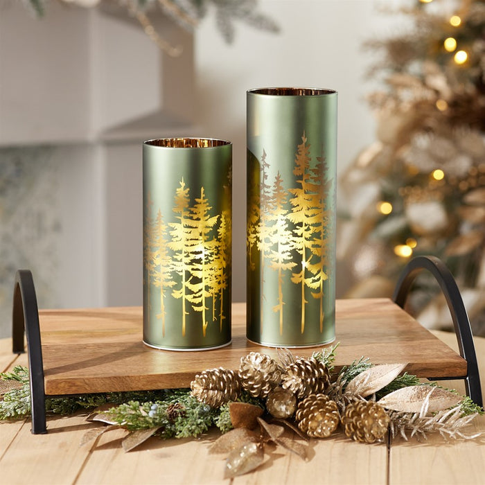 Melrose Frosted Pine Trees Glass Candle Holder, Set of 2, Green