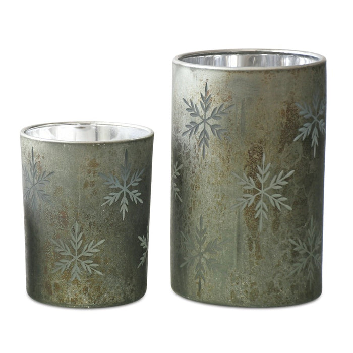 Melrose Etched Snowflake Mecury Candle Holder, Set of 2, Grey/Red - 90405DS