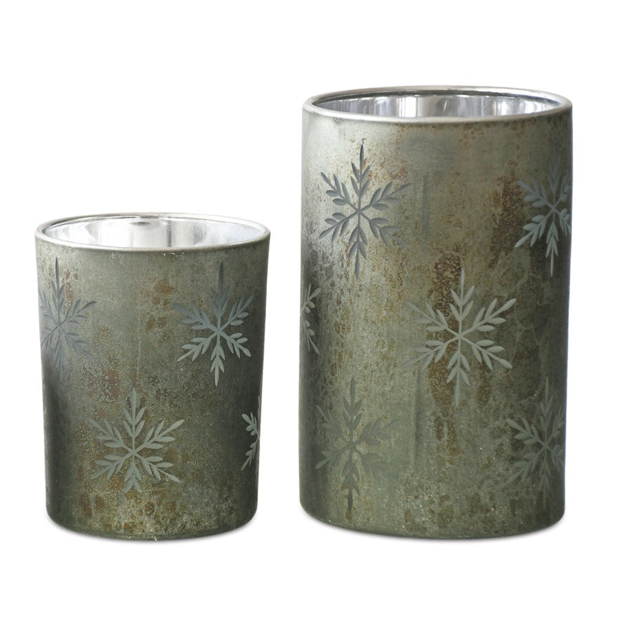 Melrose Etched Snowflake Mecury Candle Holder, Set of 2, Grey/Red - 90405DS