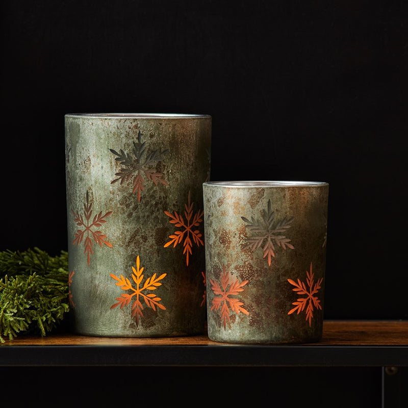 Melrose Etched Snowflake Mecury Candle Holder, Set of 2, Grey/Red