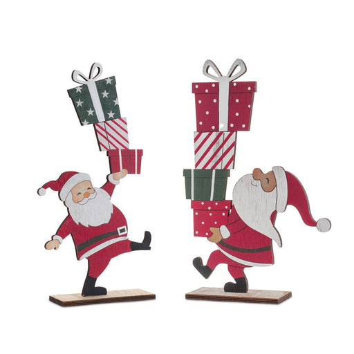 Melrose Wood Santa/Presents Display, Set of 2, Red/White/Green - 90408DS