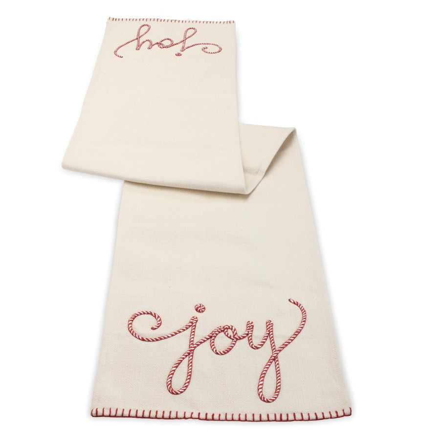 Melrose Embroidered Joy Holiday Table Runner 72"L, Beige/Red - 90424DS