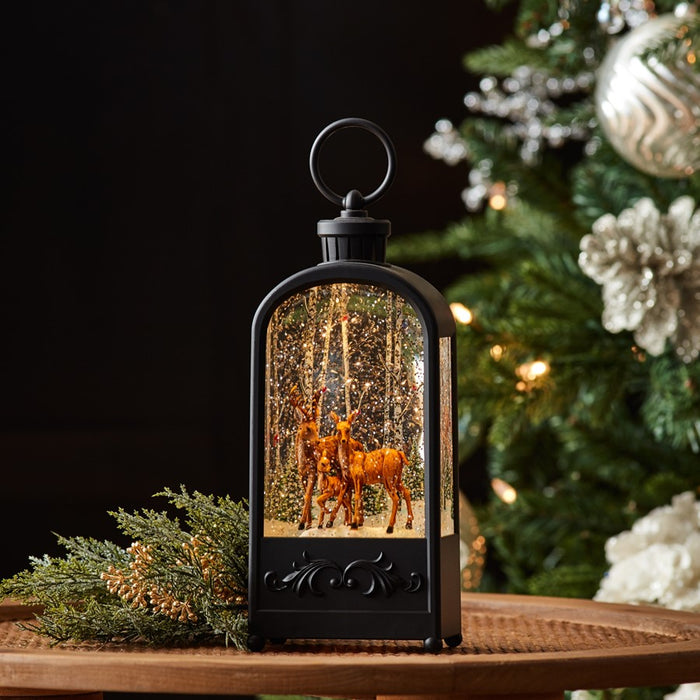 Melrose LED Snow Globe Lantern/Forest Deer 9.5"H, Bronze/Brown