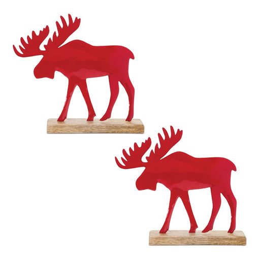 Melrose Metal Moose Silhouette/Wood Base, Set of 2, Red/Brown