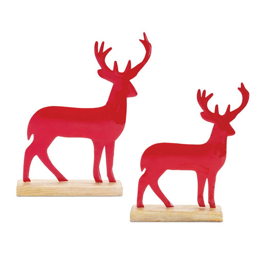 Melrose International Metal Deer Silhouette/Wood Base, Set of 2, Red - 90452DS