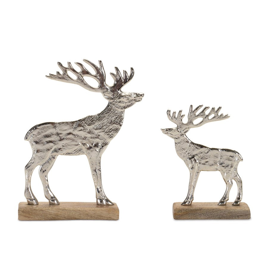 Melrose Metal Deer Silhouette/Wood Base, Set of 2, Silver/Brown - 90454DS