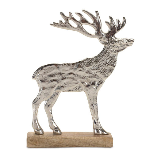 Melrose Metal Deer Silhouette/Wood Base, Set of 2, Silver/Brown