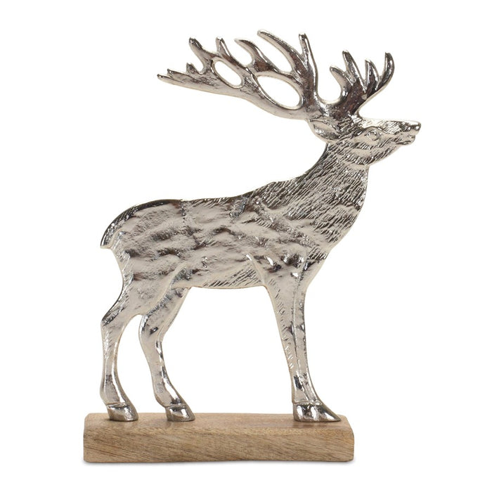 Melrose Metal Deer Silhouette/Wood Base, Set of 2, Silver/Brown