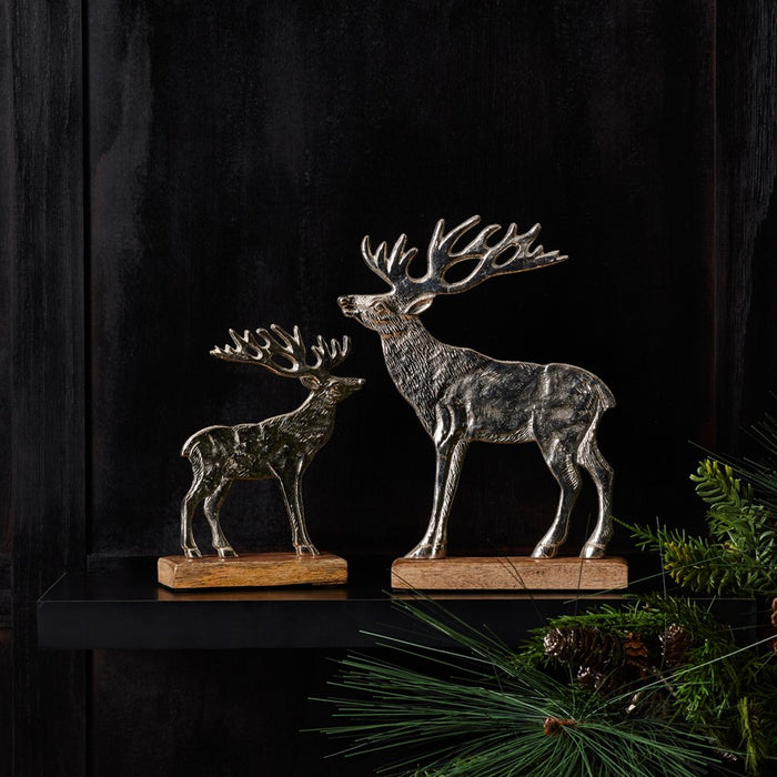 Melrose Metal Deer Silhouette/Wood Base, Set of 2, Silver/Brown