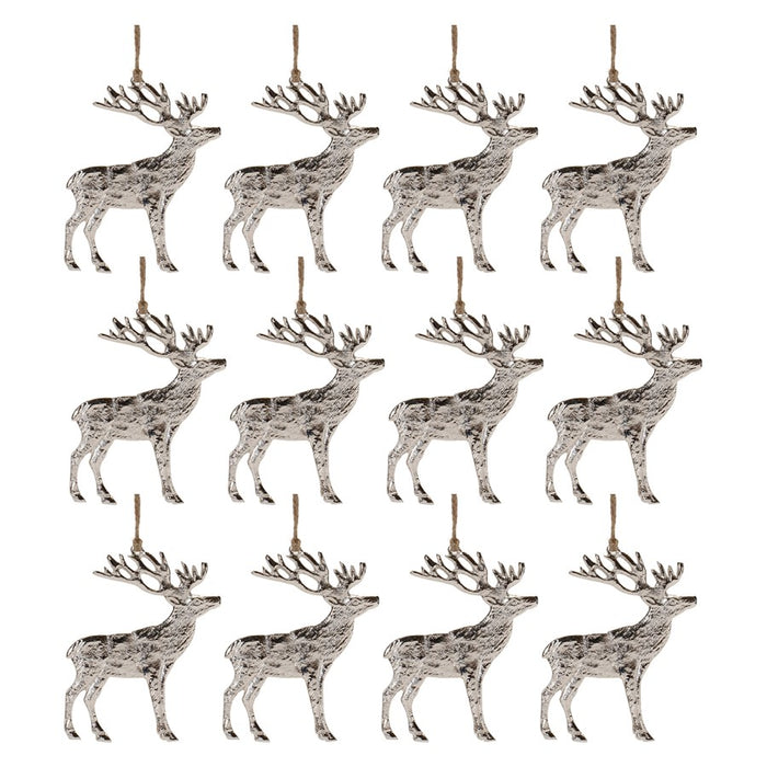 Melrose Rustic Silver Metal Deer Ornament, Set of 12, Silver
