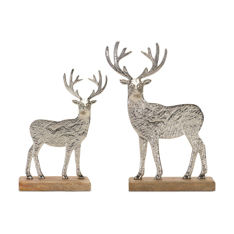 Melrose Metal Deer Silhouette/Wood Base, Set of 2, Silver - 90463DS