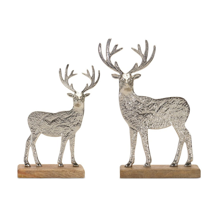 Melrose Metal Deer Silhouette/Wood Base, Set of 2, Silver - 90463DS