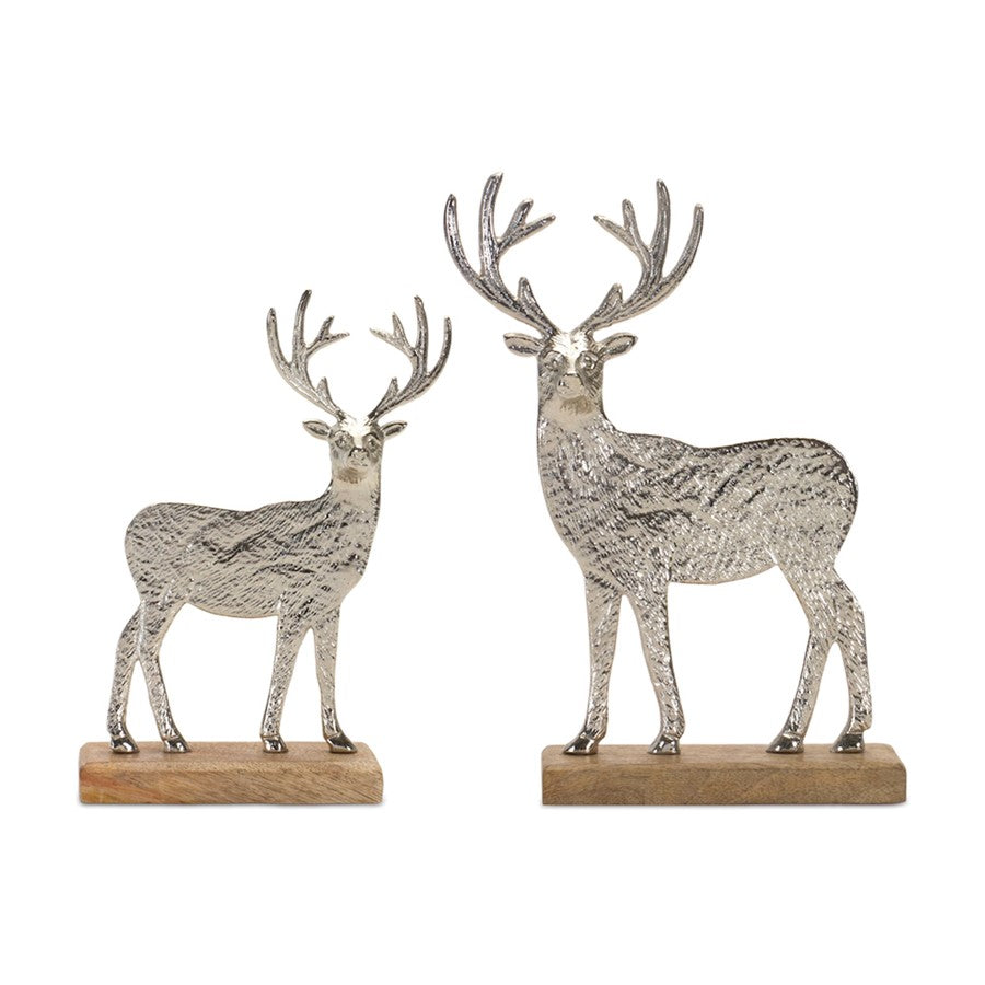 Melrose Metal Deer Silhouette/Wood Base, Set of 2, Silver - 90463DS