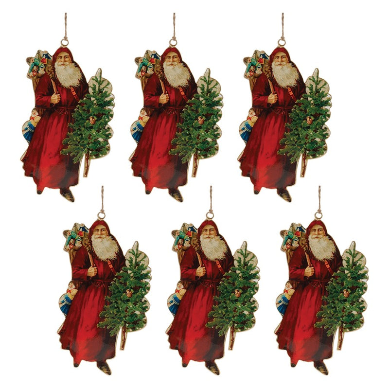 Melrose Int. Vintage Metal Santa Ornament, Set of 6, Red/Green