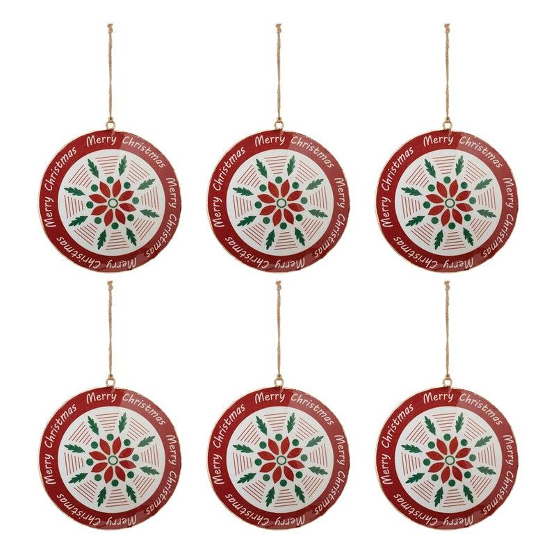 Melrose Metal Merry Christmas Snowflake Disc Ornament, Set of 6, Red