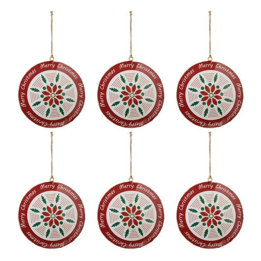 Melrose Metal Merry Christmas Snowflake Disc Ornament, Set of 6, Red