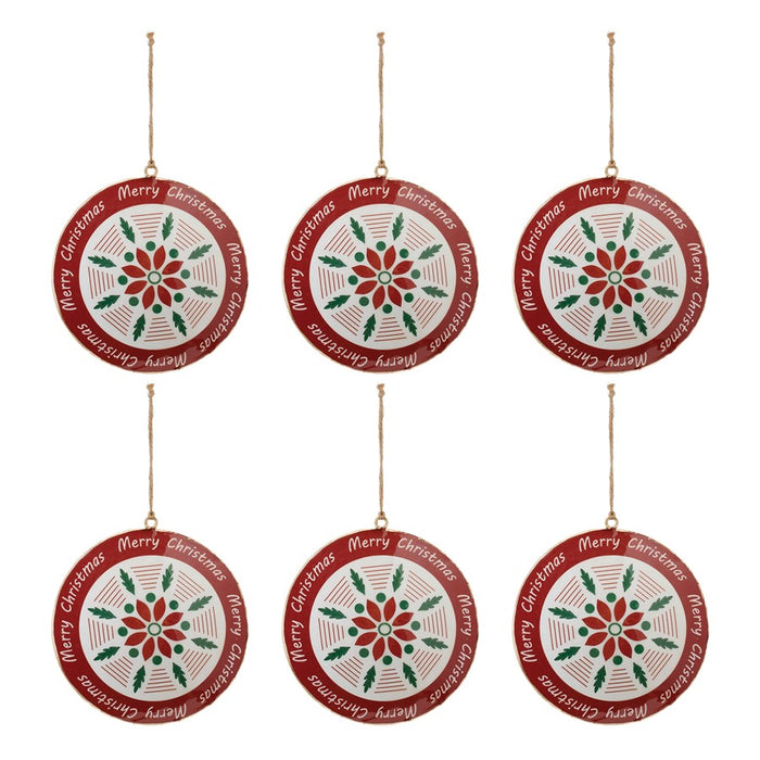Melrose Metal Merry Christmas Snowflake Disc Ornament, Set of 6, Red