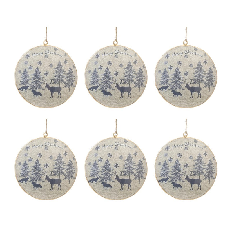 Melrose Metal Woodland Animal Merry Christmas Ornament, Set of 6, Blue
