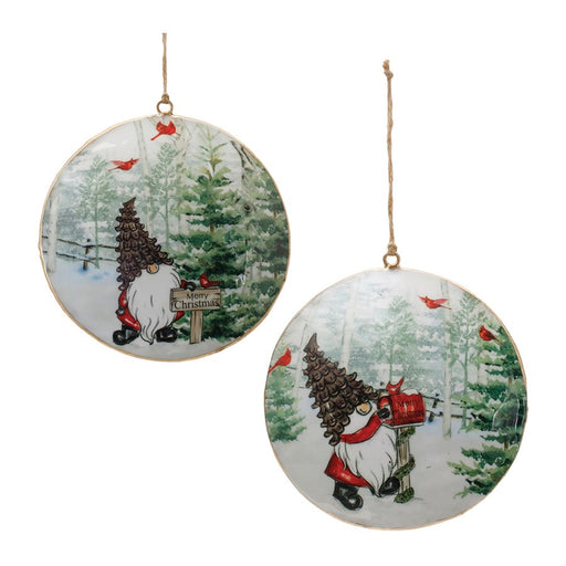 Melrose Metal Gnome Cardinal Forest Disc Ornament, Set of 6, Red/Green - 90479DS